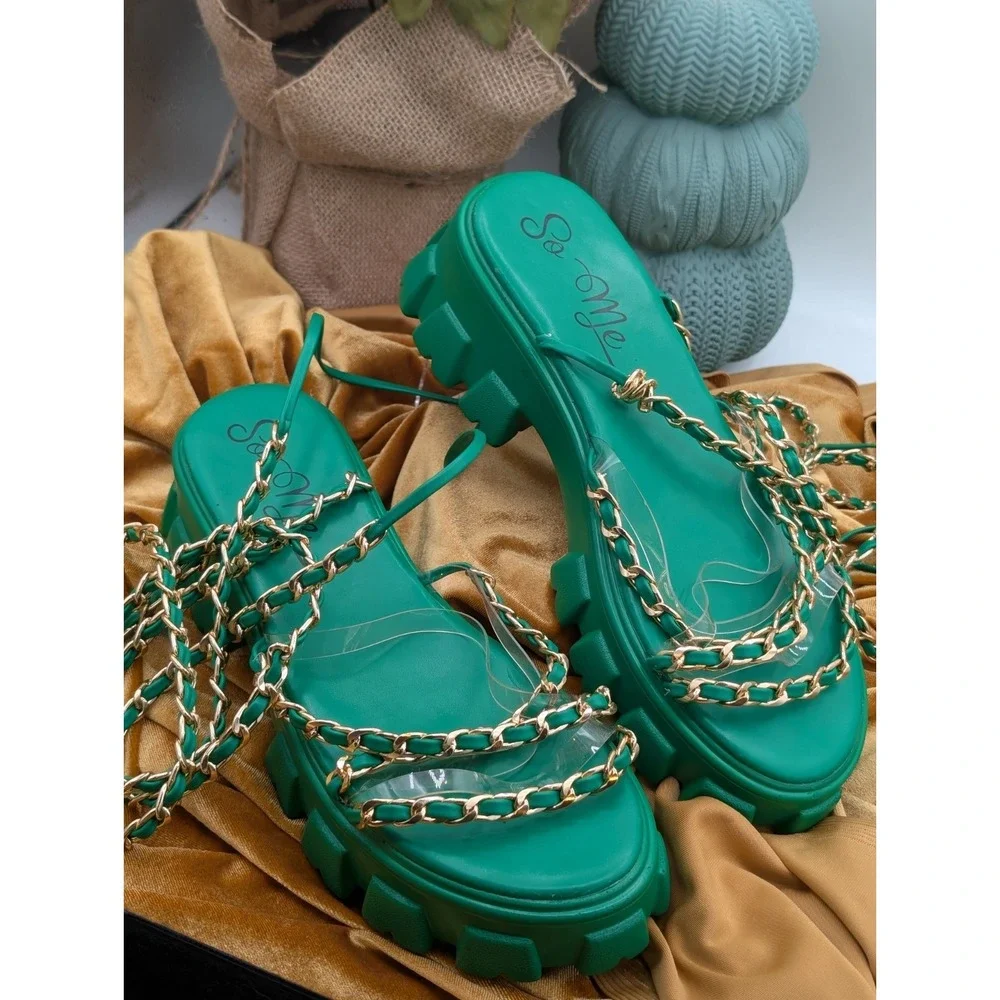 So Me Jossi Emerald Green Chunky Lug Sole Chain Platform Sandals Size 11 💚
